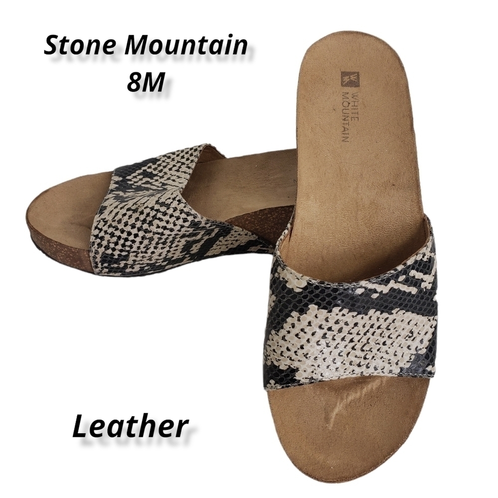 STONE Mountain Leather Snake Print Platform Slides 8M Cream Tan Black EUC